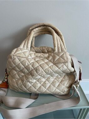 MZ Wallace Quilted Cream Nylon Satchel with Neutral Strap